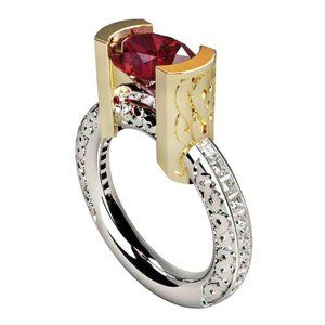 New Two Tone Silver Round Cut Garnet Wedding Ring